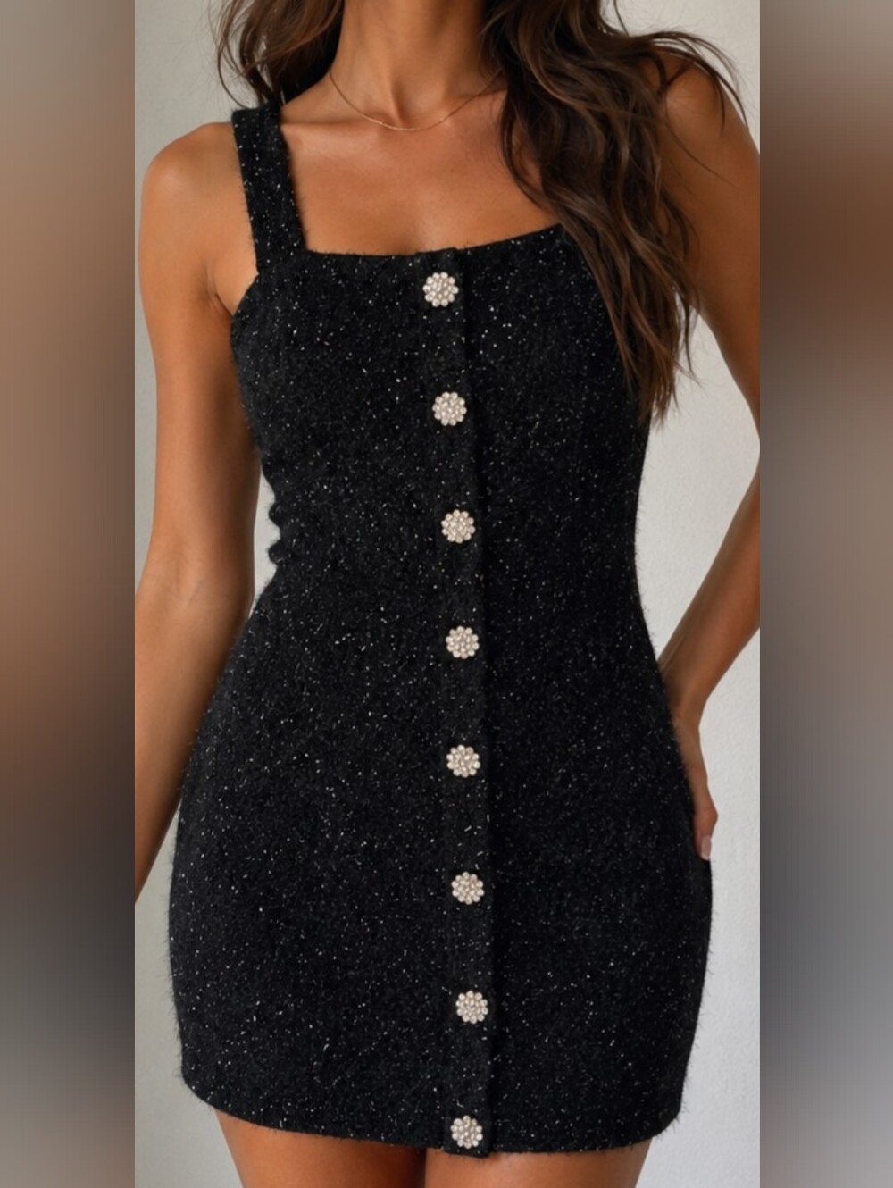 Zara Black Sparkle Mini Dress with Pearl Buttons